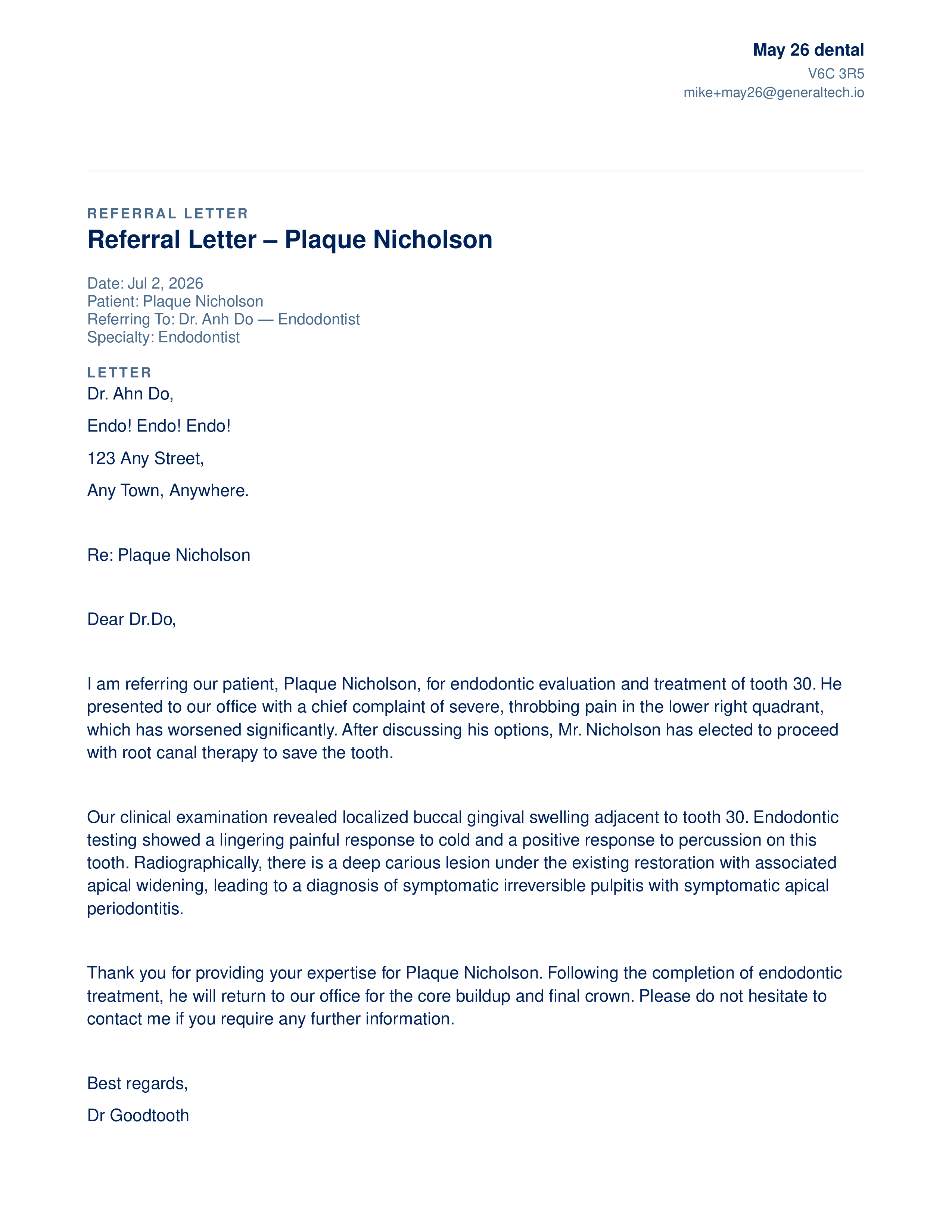A drafted referral letter routed for approval