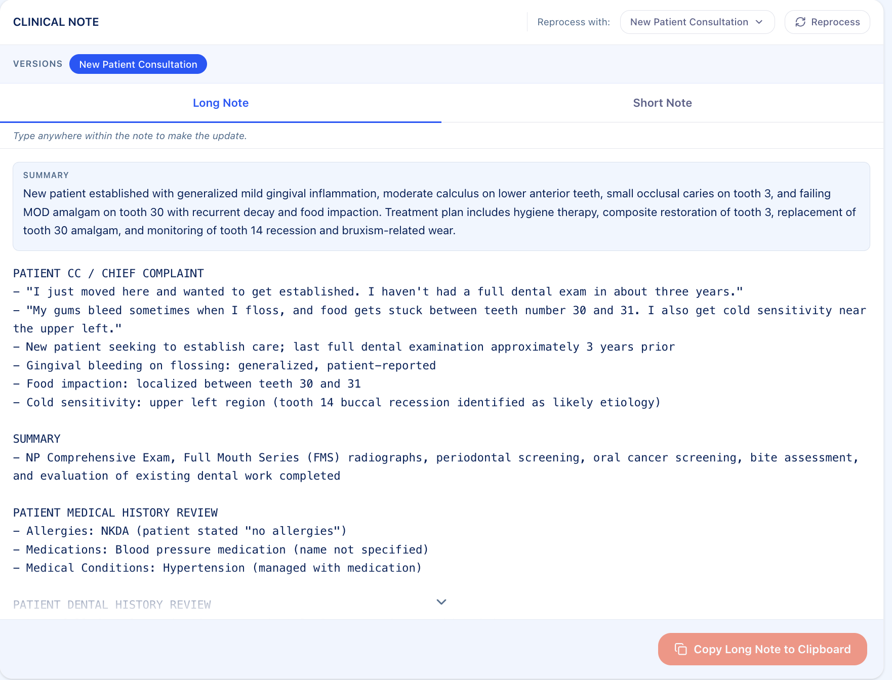 A structured ChartAI clinical note with summary, chief complaint and medical history