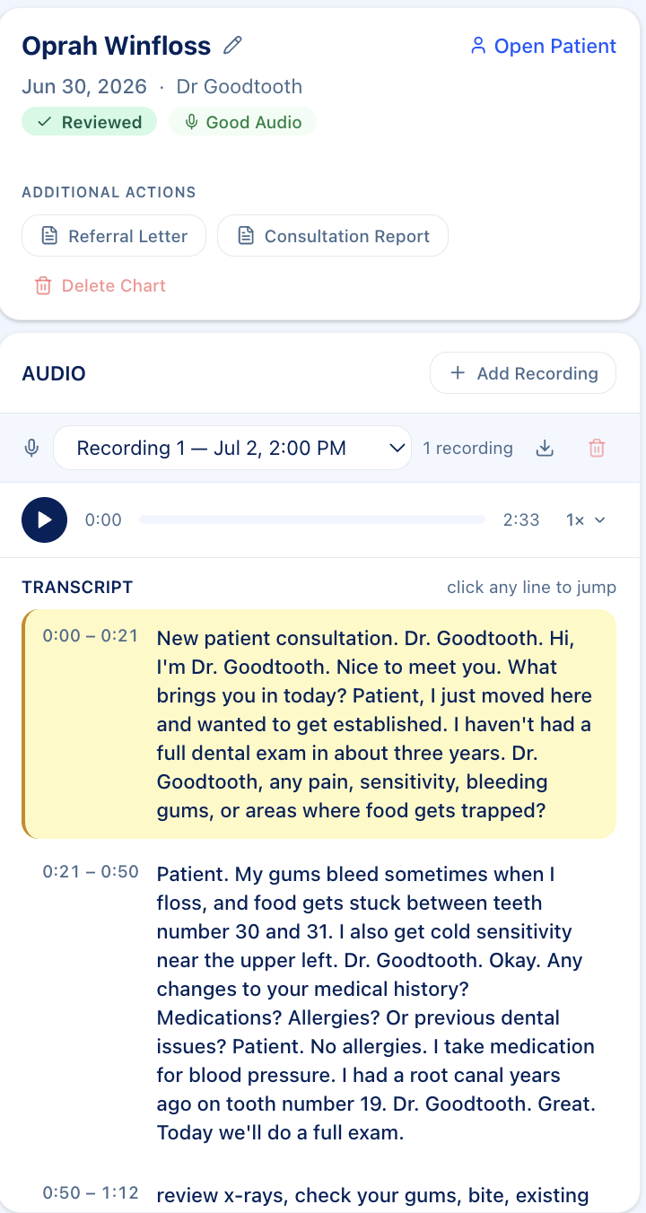 The appointment transcript, timecoded and reviewable